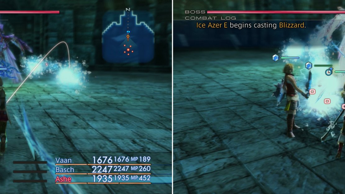 Mateus is joined by several Ice Azers, who will pelt you with various magicks during the fight (left). While it may be tempting, magick may not be the best answer to Mateus or her Ice Azers, as she’s fond of using Reflect (right).