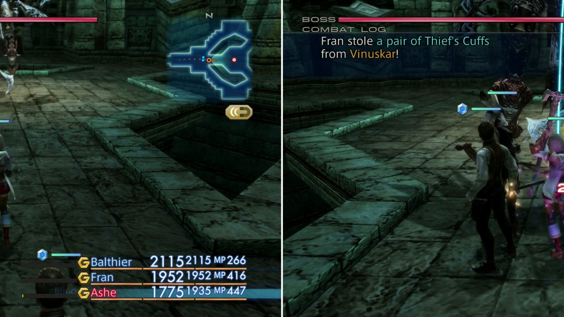 During the battle with Vinuskar you’ll be hampered by a “magnetic field” (left), but don’t let this dissaude you from stealing another pair of Thief’s Cuffs from him (right).