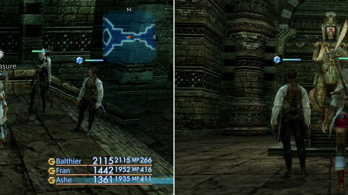 Be sure to grab the Sage’s Ring from a chest after the battle with Vinuskar (left), then manipulate the last Stone Brave (right).