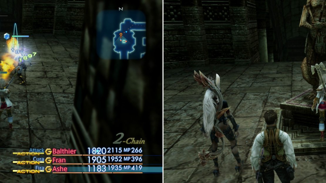 Kill the monsters around the Stone Brave (left) then rotate that statue until it’s facing the center of the Stilshrine - the Cold Distance area, to be precise (right).
