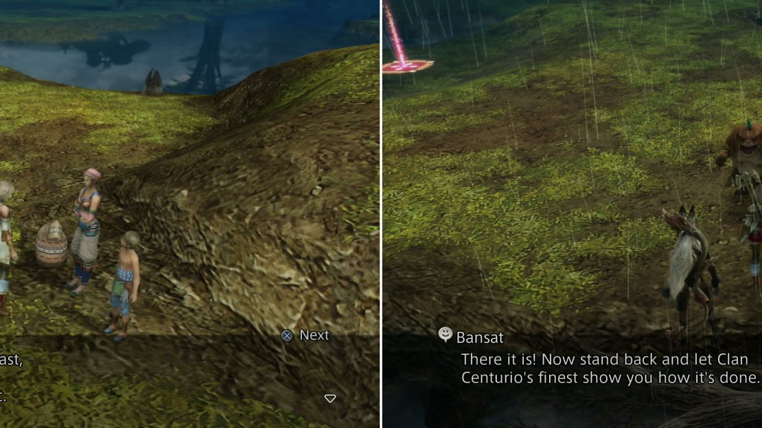 Talk to the Petitioners in the Giza Plains to learn about the Gil Snapper (left). When you reach the Tracks of the Beast area, Bansat will join up and let you know when the weather is right (right).