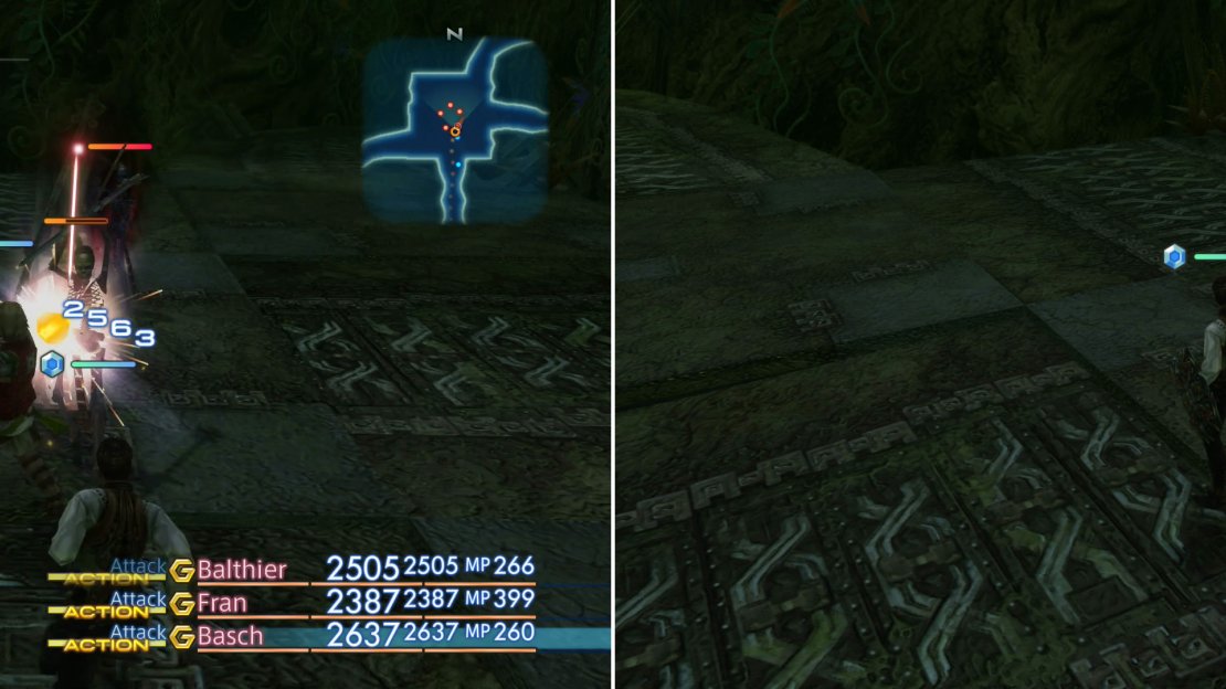 Cull the normal monsters in The Rustling Chapel area to cause the undead to rise (left), which must be killed to summon the Grave Lord. While he’s a powerful foe, like all undead he can be clain with a single Phoenix Down (right).