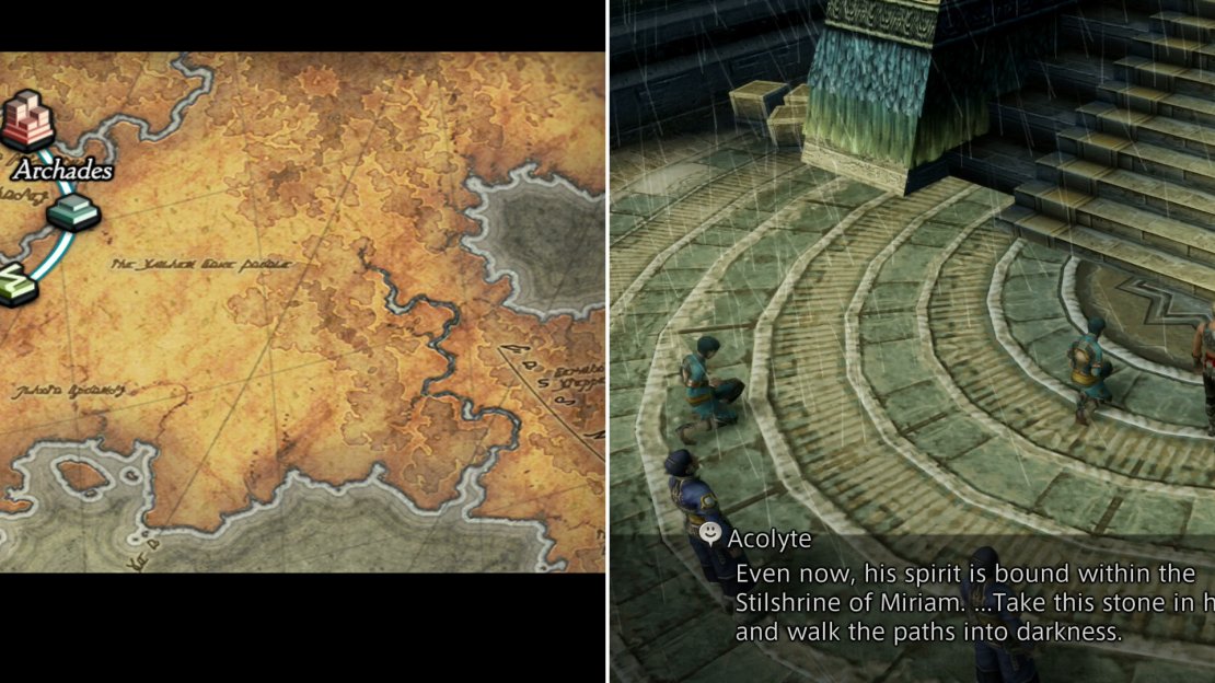 After Mt. Bur-Omisace, the party will plan a route to Archades (left). Talk to an Acolyte and he’ll tell you of a greater trial in the Stilshrine of Miriam (right).