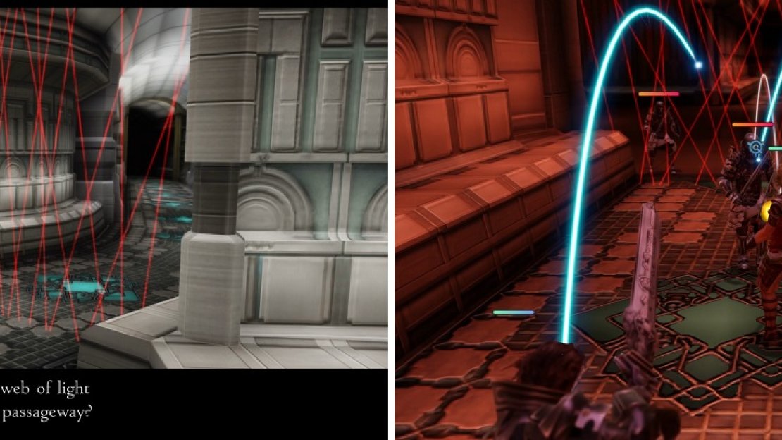 The large, red laser grids (left) will cause an alarm to set off if you step through them, summoning some Imperial forces for you to fight (right).
