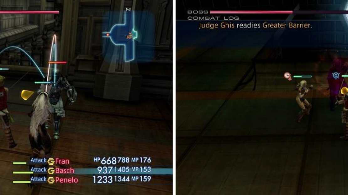 Take out the small fry first (left) before going after Ghis. Greater Barrier casts both Protect and Shell, so make sure you Dispel the buffs (right).
