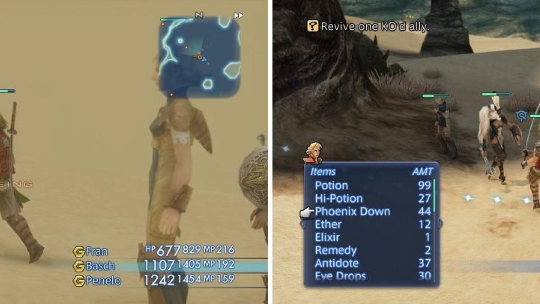 Avoid provoking the Gnoma Entite (left), as it’s a very powerful enemy. Fideliant can be killed easily by tossing a Phoenix Down at it (right).