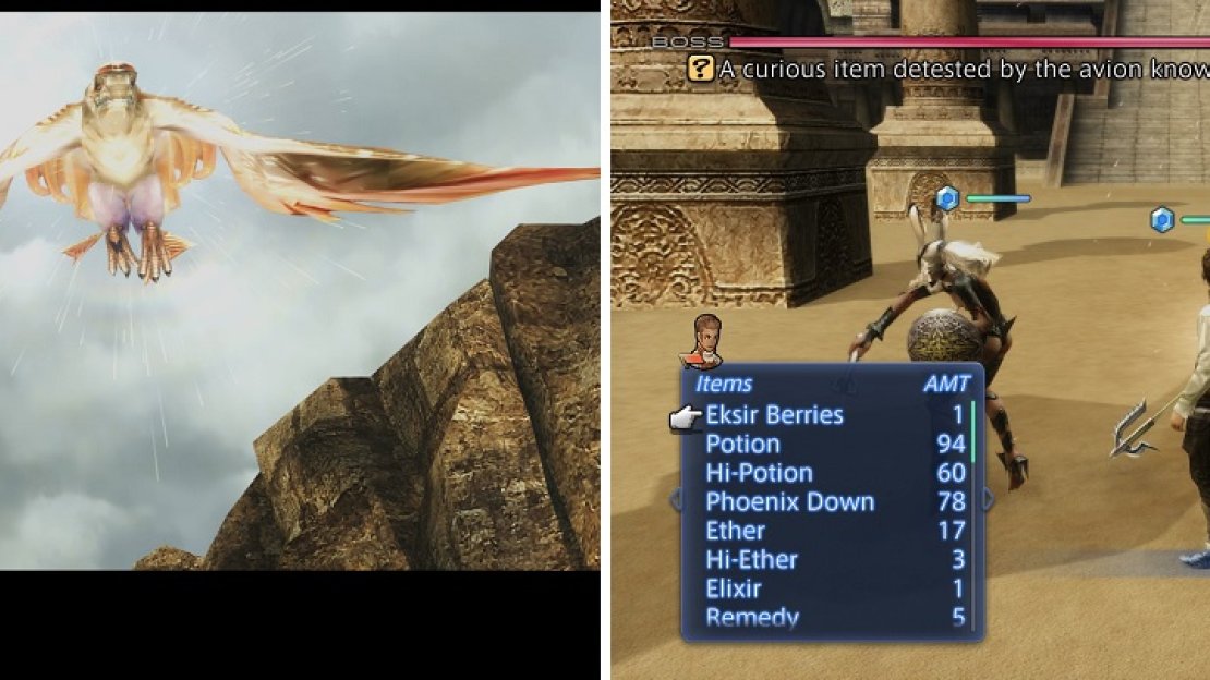 The Garuda will fly in to guard the entrance to the tomb (left). The Eksir Berries will debuff Garuda, getting rid of its Enrage (right).