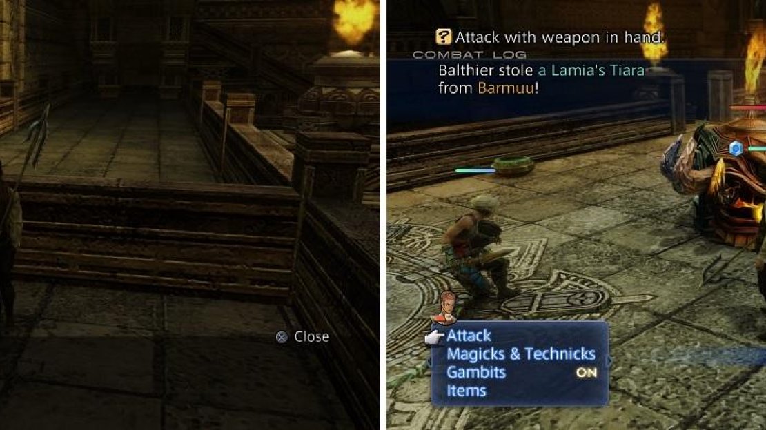 Dispel (left) is one of the more important magicks in the game. The Lamia’s Tiara you can steal from Barmuu is a decent upgrade (right).
