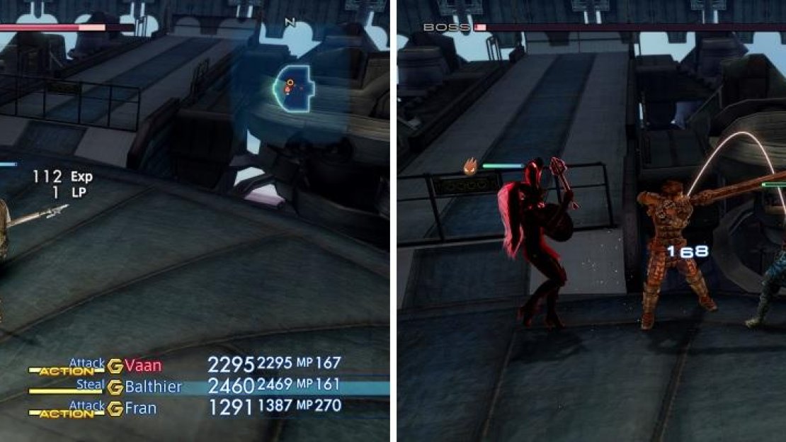Fran is berserked in this battle and does not follow commands (left). Near death, Vossler will attack quickly and with vigor (right).