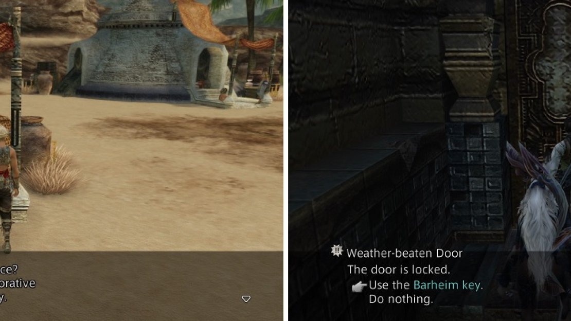 The Great Serpentskin from the Nidhogg hunt is used in the Patient sidequest (left). The Barheim Key from the sidequest will allow you to venture back inside the Barheim Passage (right).
