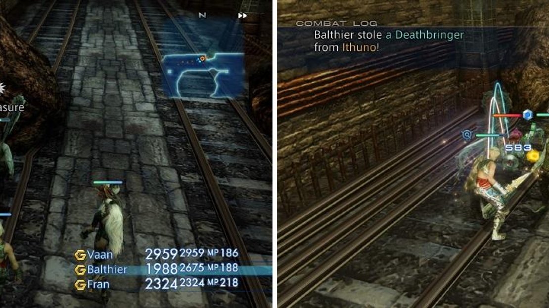 It’s easy to tell when Ithuno has spawned, due to the chest looking different (left). The sole reason you ventured inside Barheim is to steal the Deathbringer one-handed sword (right).