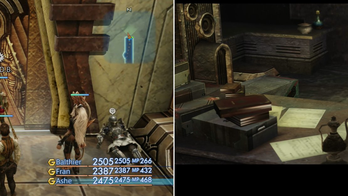 Locate the door to Doctor Cid’s office (left) inside of which Balthier will find the Lab Access Card (right).