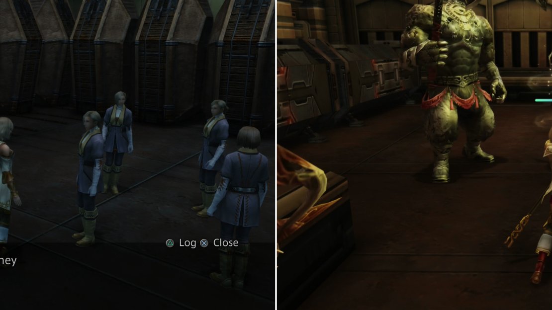 Talk to a Junior Researcher to learn about some monsters the Imperials were examining (left) which may refer to the Blood Gigas foes you find later on (right).