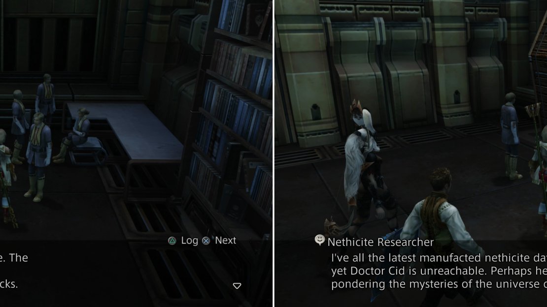 Talk to a Senior Researcher to learn how the bulkheads work (left), while another will unintentionally point you in the direction of Doctor Cid (right).
