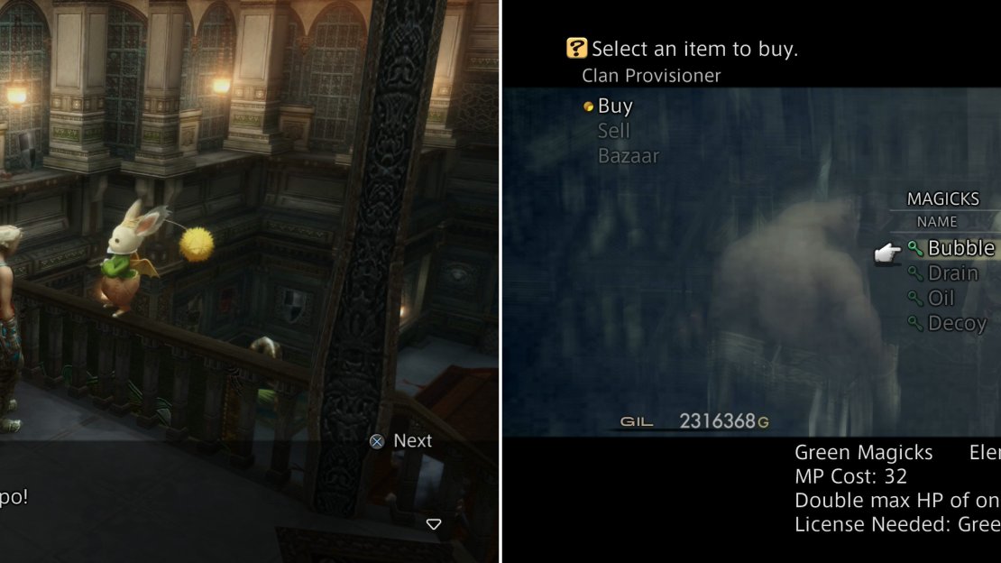 Attain the rank of Riskbreaker (left) and you’ll be able to buy the Bubble magick from the Clan Provisioner (right).