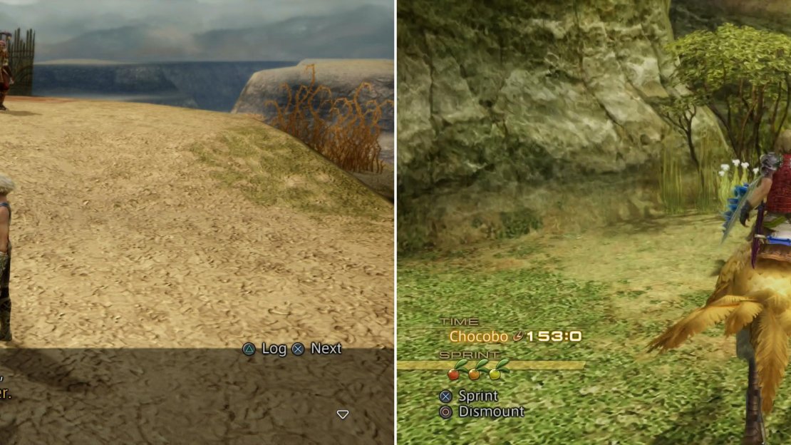 Talk to Warrior Guromu (left) to learn about the Mindflayer, then ride a Chocobo to the Henne Mines (right).