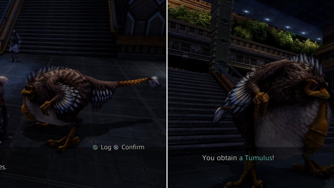 Chase down Agytha in the Grand Arcade and tell her about the Cockatrice you found in Old Archades (left) and she’ll give you a Tumulus (right).