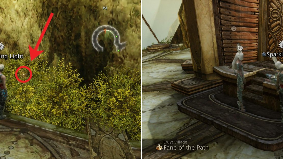 One Dewdrop pebble can be found in some moss (left) while another can be found near a Viera named Alja (right).