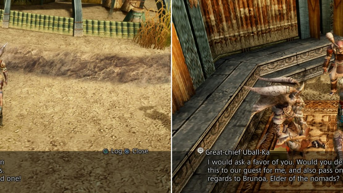 You’ll find Shurry in Jahara (left) and after talking to the bird, chat with Great-chief Uball-Ka (right).