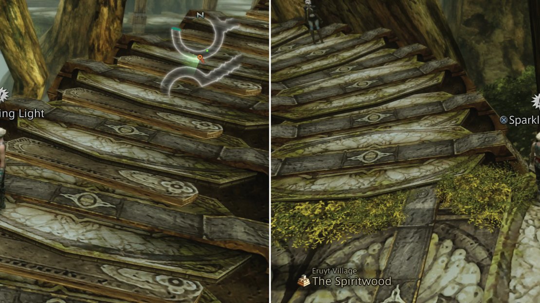 Search the bark of a tree near some stairs to find a Dewdrop Pebble (left). One can also be found on the support of a bridge (right).