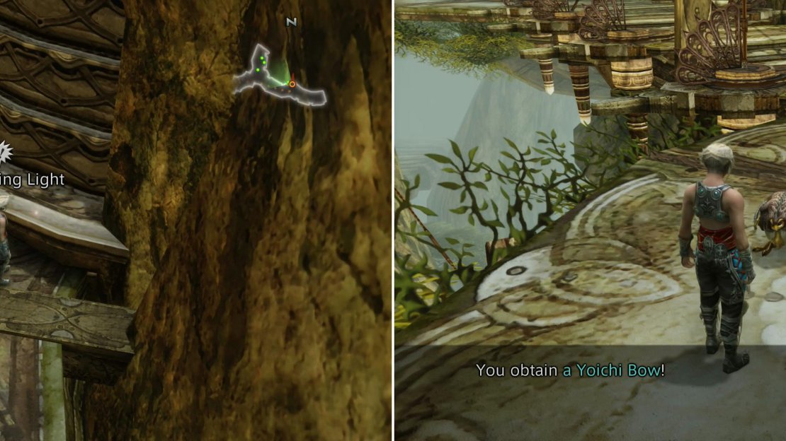 After acquiring all the aforementioned Dewdrop Pebbles, talk to Chit (left) to get the final one. Once all the Dewdrop Pebbles are collected you’ll be rewarded with a Yoichi Bow (right).
