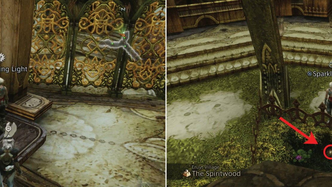 Grab the Dewdrop Pebble near Rael (left) then enlist the help of another Viera to obtain the Dewdrop Pebble in the small pond (right).