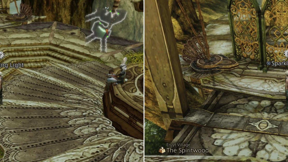 A Dewdrop Pebble can be found on the spikey exterior of some stairs (left) while another lies near a dead-end (right).