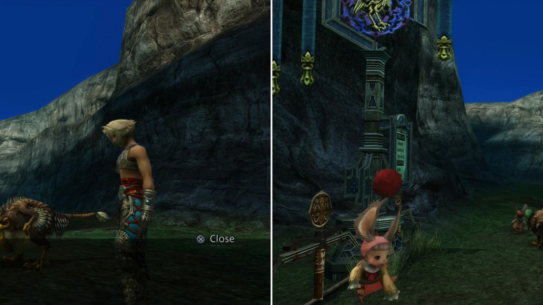 For helping the Moogle rent a Chocobo worthy of his funds you’ll be rewarded with a Defender (left) after which the “Chocobo” will find that the gig isn’t all it’s cracked up to be (right).