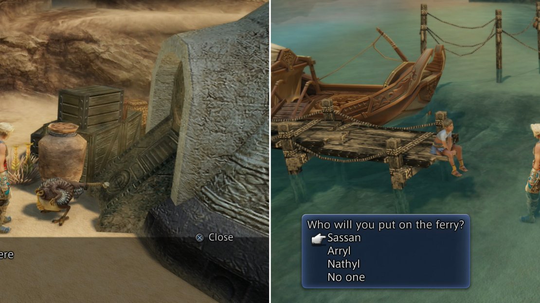 To appease Sassan you’ll have to ferry him across the river, but the presence of the wolf, Nathyl, complicates matters (left), so you’ll have to ferry several individuals across the river, one at a time, in the correct order (right).