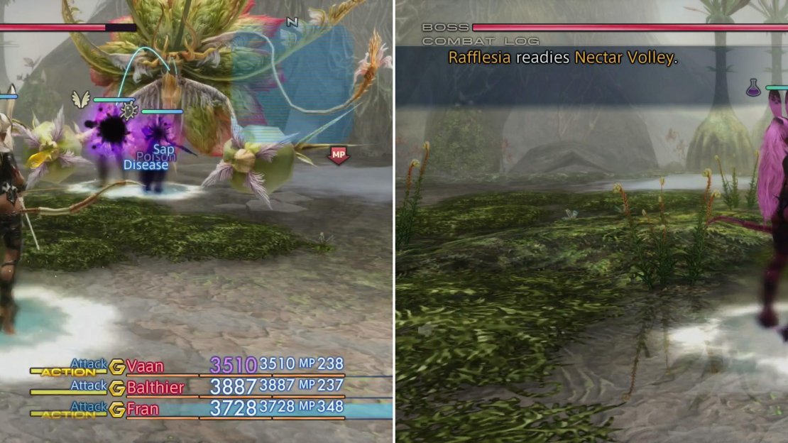 Rafflesia can inflict a variety of status effects on you (left), but you can return the favor by casting Silence, which will greatly simplify the battle (right).