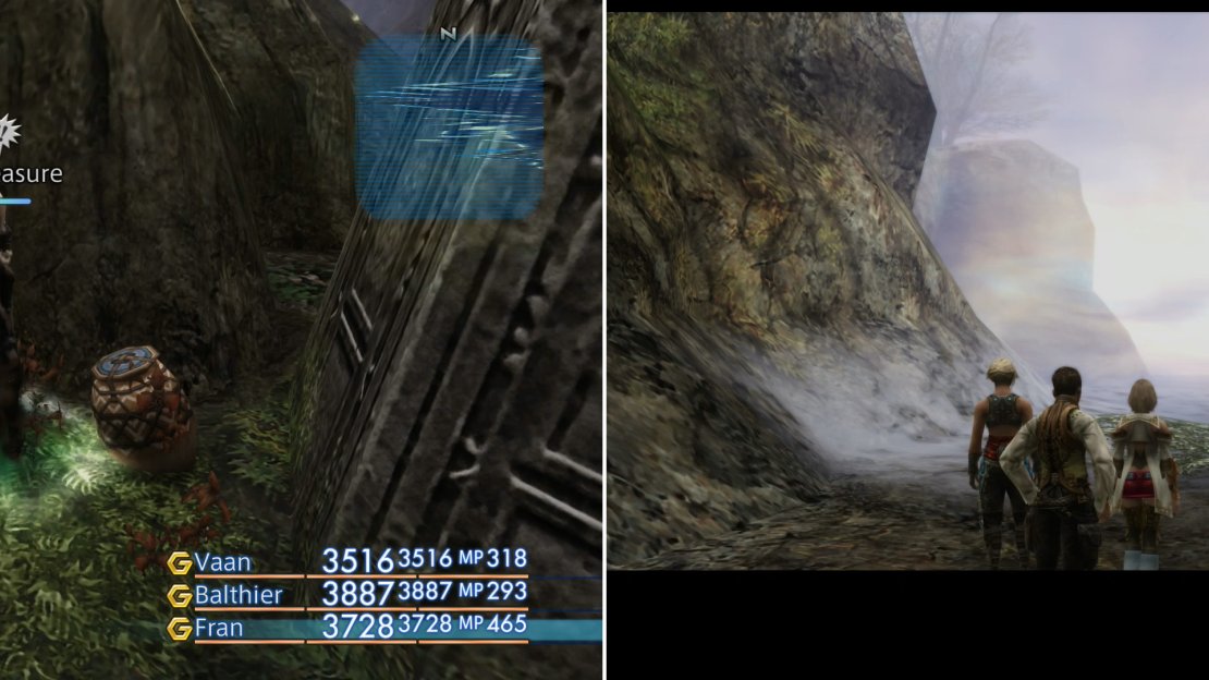 In the Antiquity’s End area you can find a chest containing an Embroidered (left). To the south, a mist barrier blocks your way (right).