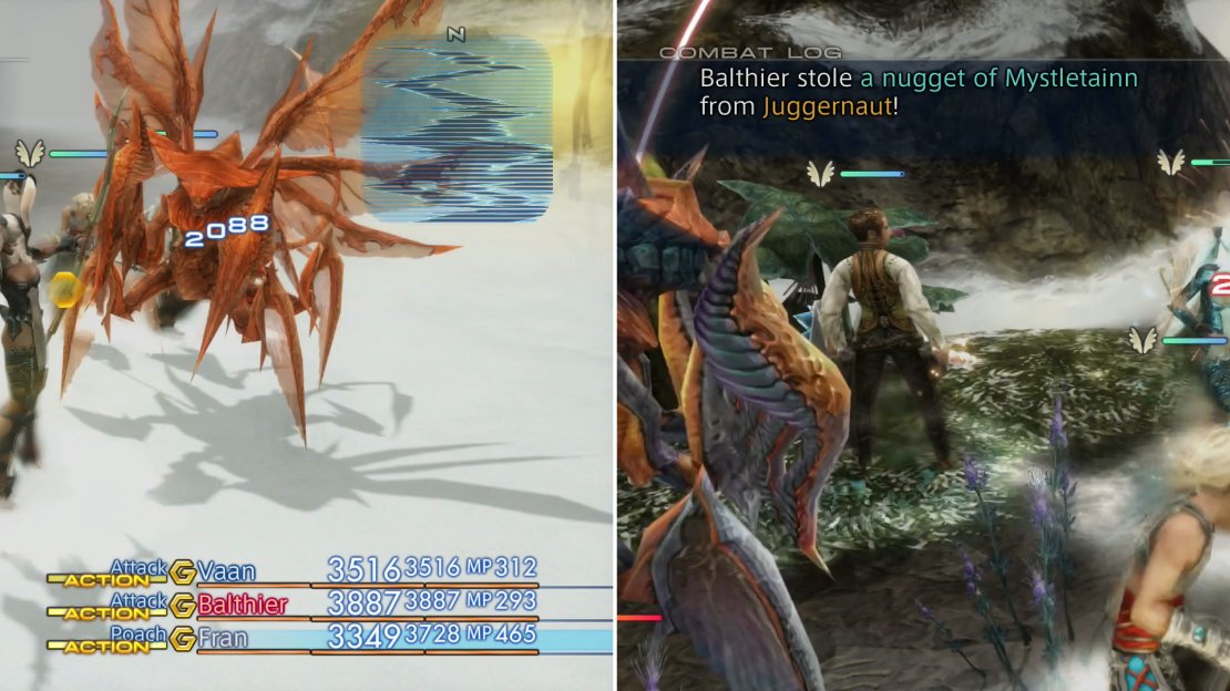 You’ll find the snowy, southern reaches of the Feywood populated with new enemies (left), including the Rare Game Juggernaut, who can be deprived of some Mystleainn (right).