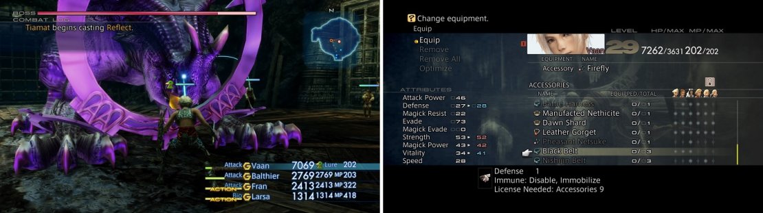 Be careful of Tiamat&rsquo;s Reflect (left). Black Belts will help in diffusing Disable being cast on your characters (right).