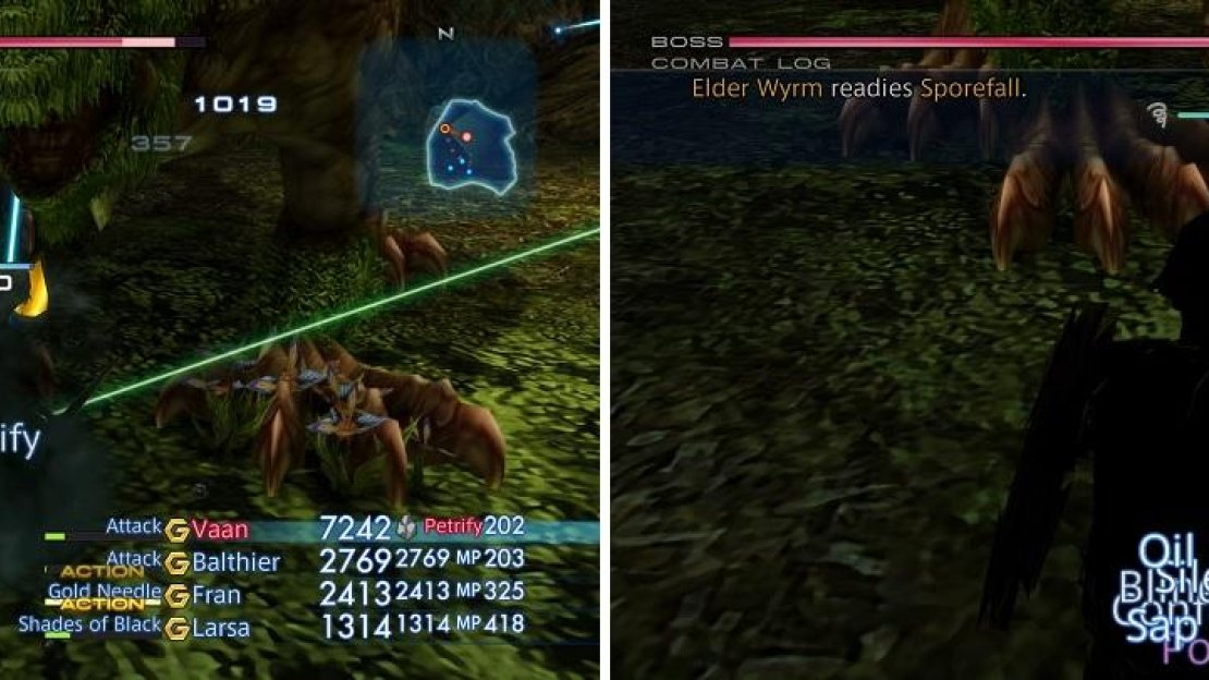 The Elder Wyrm will use a lot of status ailments on you, like Petrify (left) and with Sporefall, its ultimate attack (right).