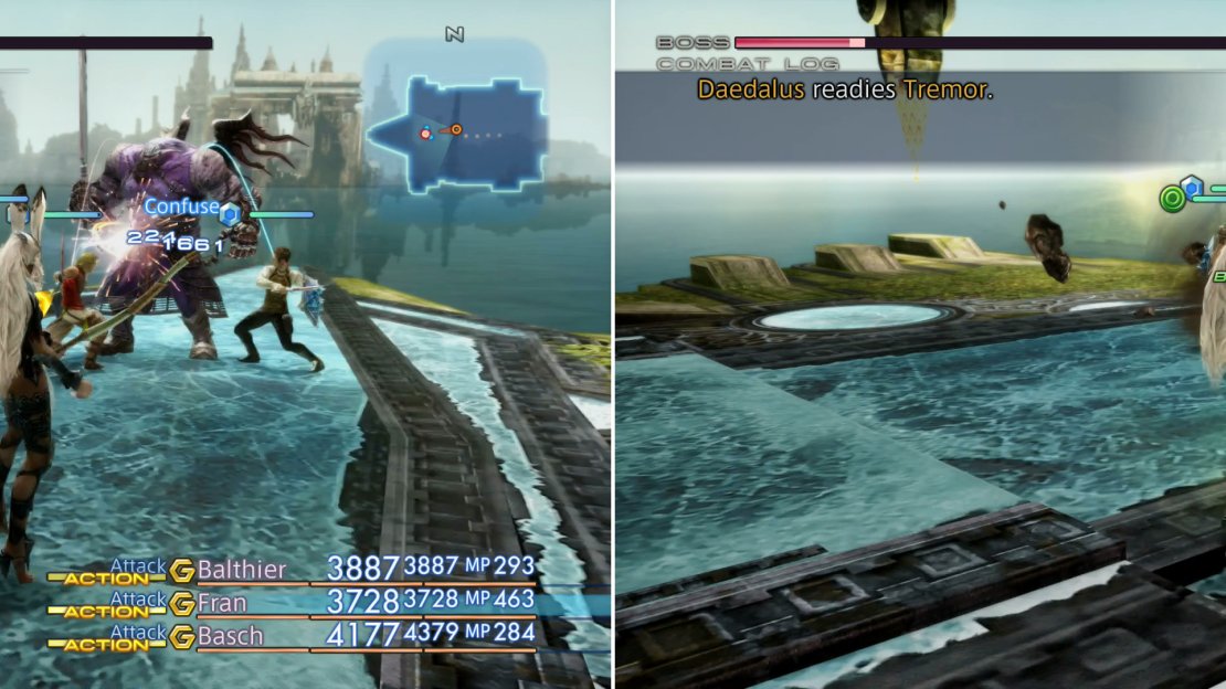Daedalus is susceptible to various status effect, particularly Confuse (left), this rarely inconveniences him much, however, as he’s got a variety of technicks to respond with (right).