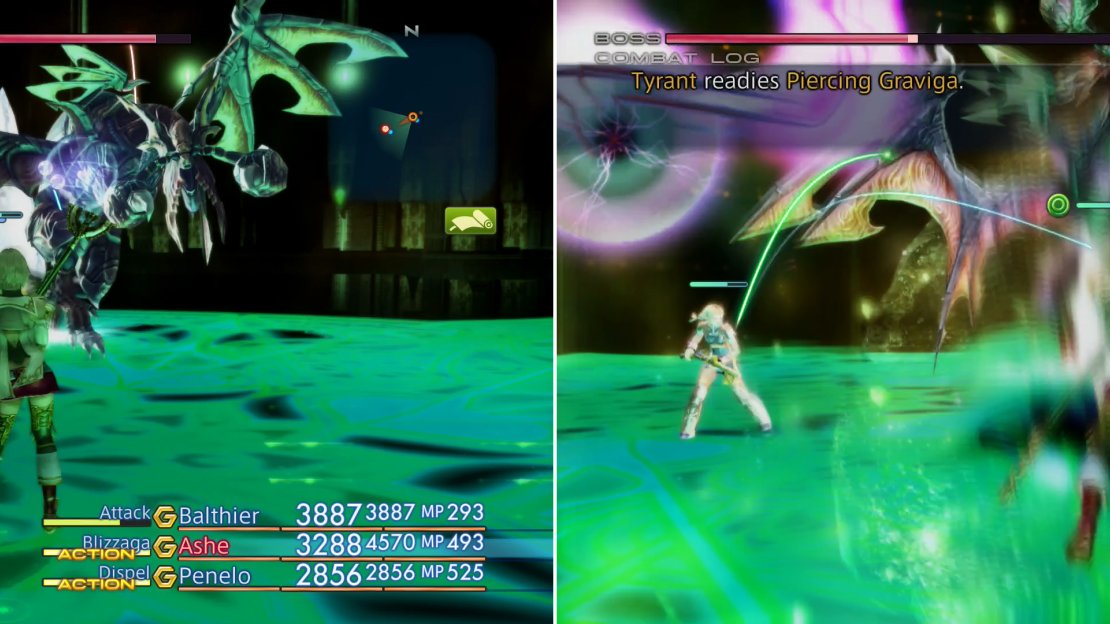 Start out the fight by blasting Tyrant with Dispel (left). When pressured Tyrant will make use of the Piercing Graviga attack (right), which deals proportional damage to each character.