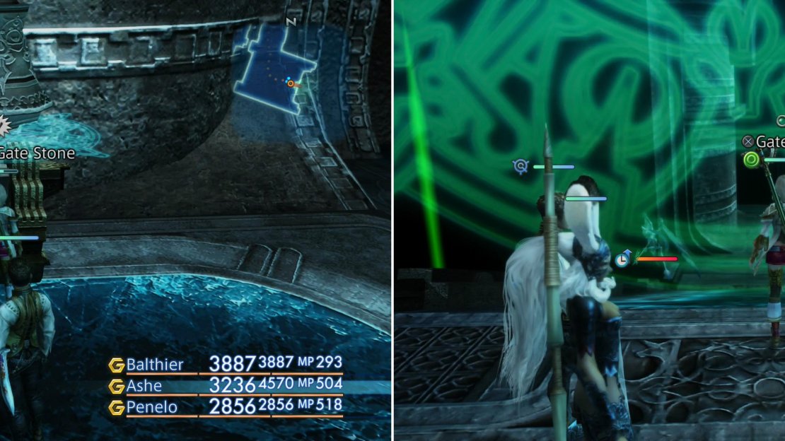 Various Gate Stones (left) can be activated to take down barriers you’ll find along your path (right).