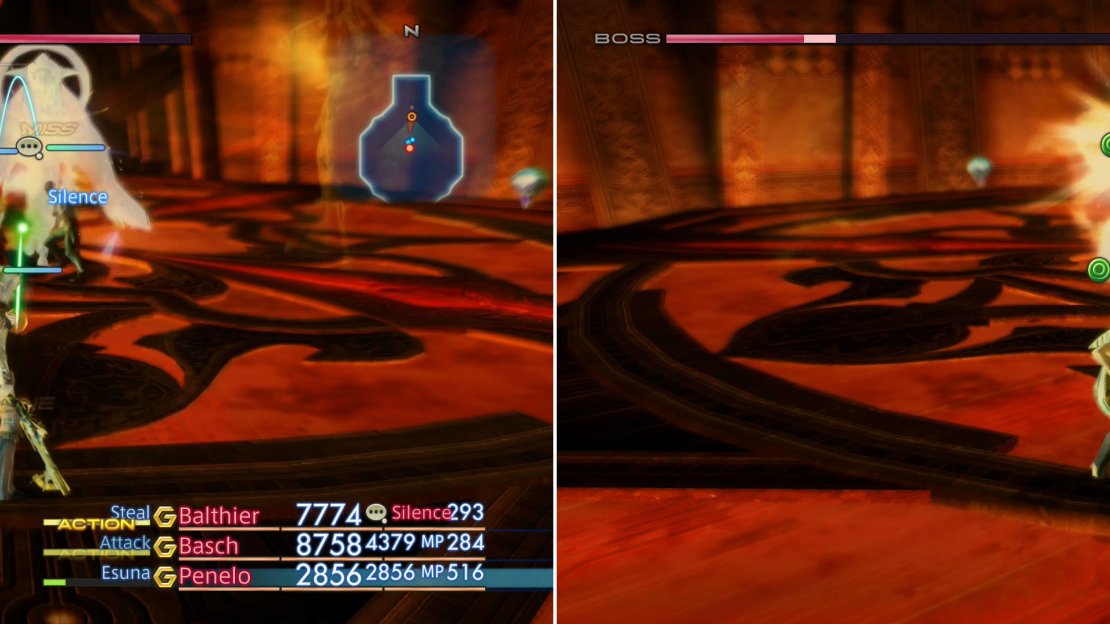 Shemhazai can frustrate your magicks with Silencega (left), but her Flare magick is a more immediate threat (right).