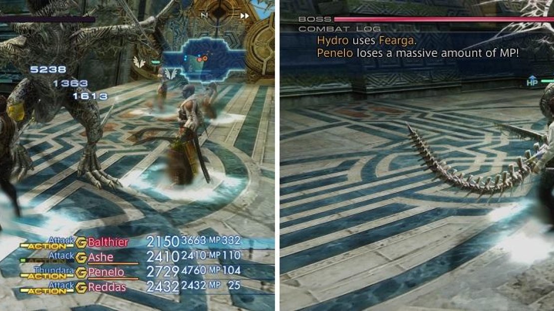 Hydro being weak to holy means your Uhlan can deal some major damage with a Holy Lance (left). Fearga is annoying, as it can deplete your party’s MP pools (right).