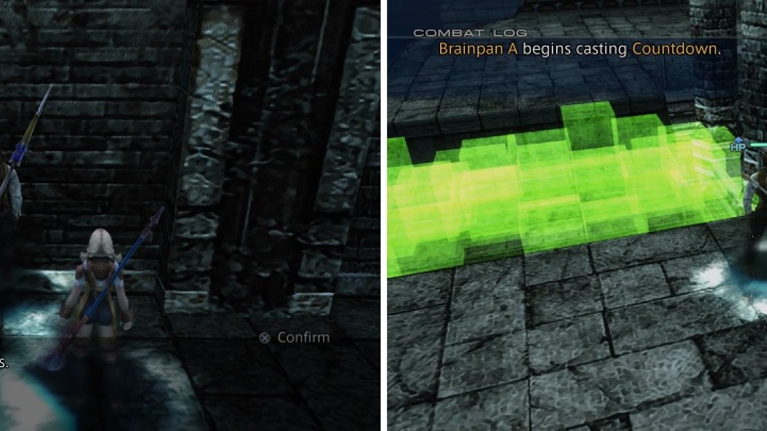 You will encounter a few false walls throughout Pharos (left). Killing the Brainpans will cause a green bridge to appear (right).