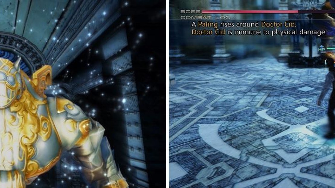 At 50% health, Cid will summon Famfrit (left). He will erect palings on himself to nullify all damage until Famfrit is defeated (right).