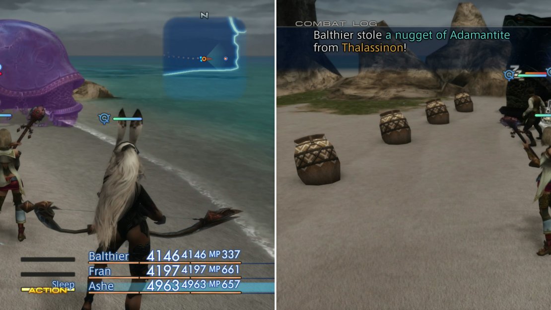 Start the fight out by putting Thalassinon to sleep (left), after which you can steal Adamantite from it at your leisure (right).