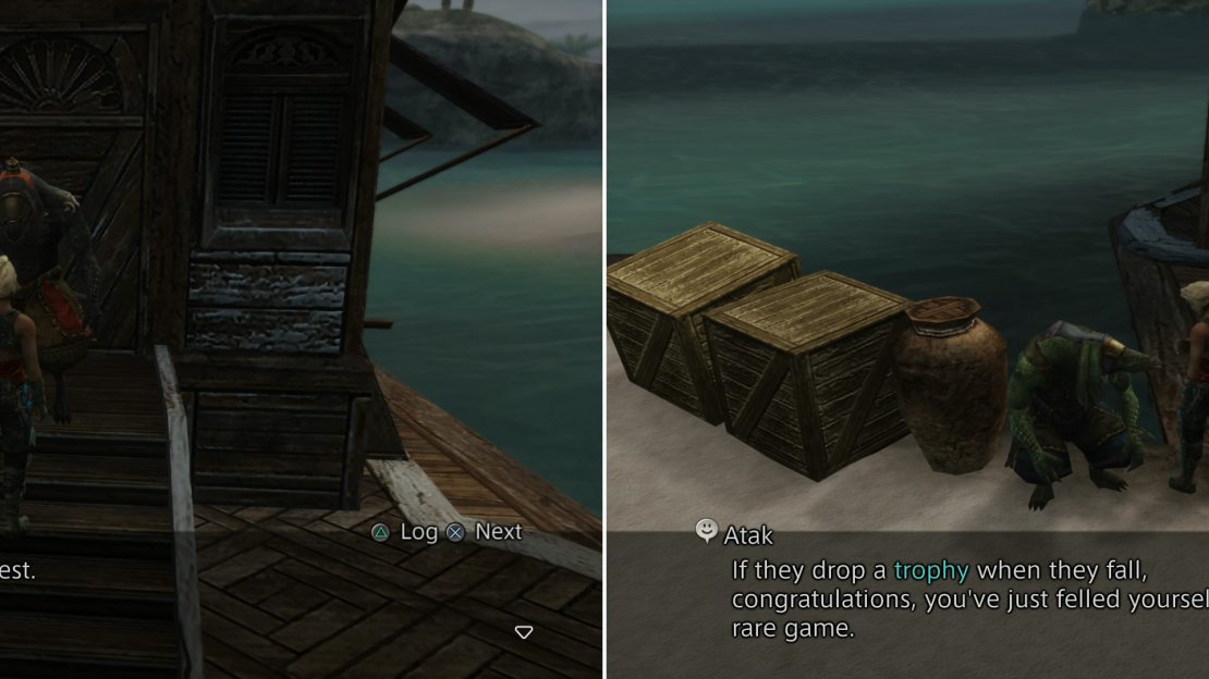 Return to the Huntmaster with your trophy and he’ll allow you to join the Hunt Club (left), after which talk to one of the three other Bangaa to learn more about Trophy Rare Game (right).