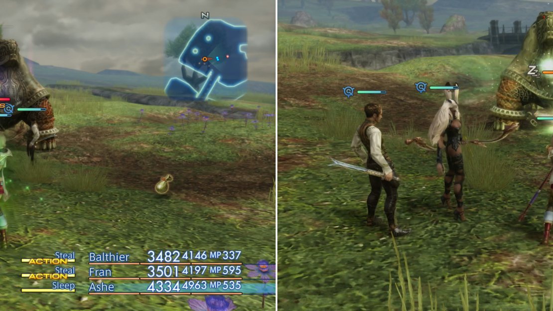 You can steal Scarletite from Aspidochelon (left), after which the Sleep-vulnerable behemoth can be safely bombarded with Aero and Aeroga (right).