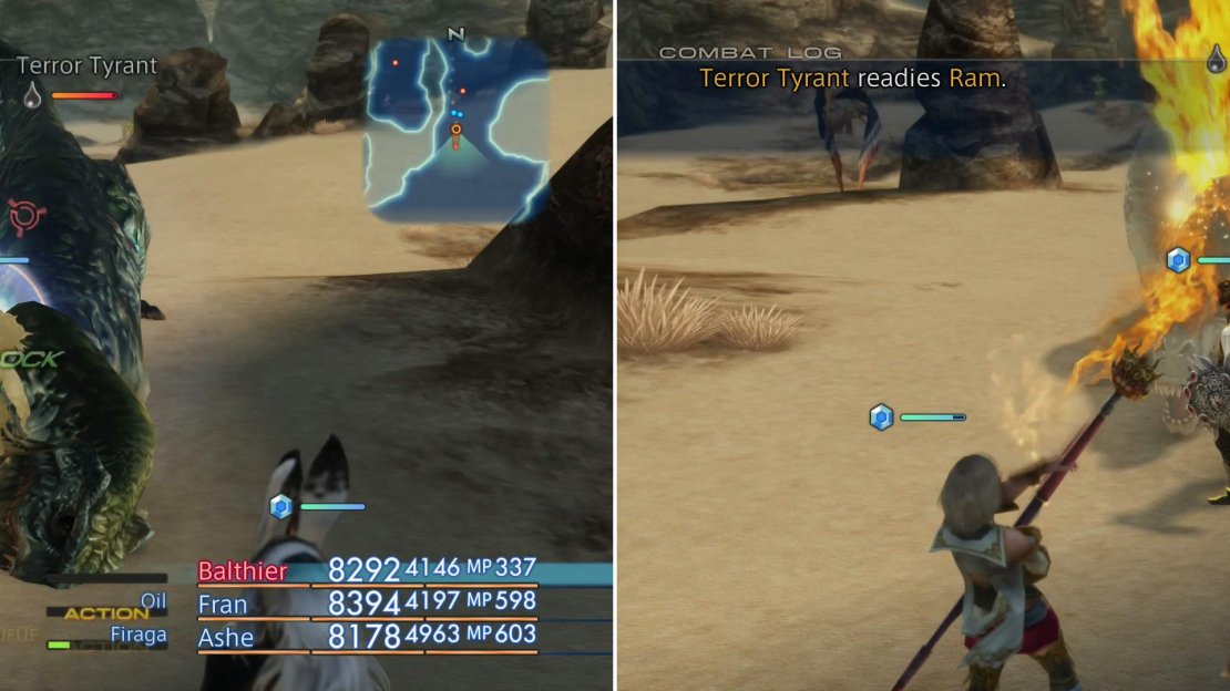 Terror Tyrant hits hard, but a character armed with a good shield and Main Gauche (left) can block most of its attacks, meanwhile the rest of your party can whittle it down with magick and ranged attacks (right).