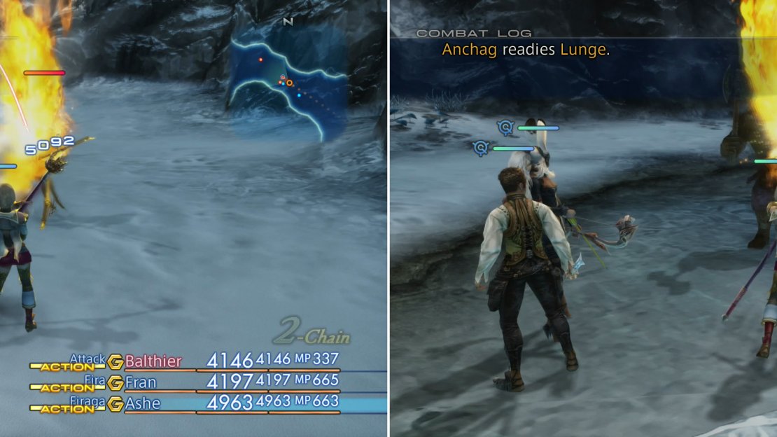 Kill all the monsters in the Karydine Glacier area to lure out Ancbolder (left), then put the headless foe down with the good old Sleep, Oil and fire magick combo (right).