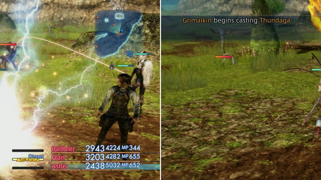 Grimalkin will challenge your mastery of magick with high-powered elemental spells of its own (left). Use elemental-boosting weapons and the Oil effect to prove your superiority (right).
