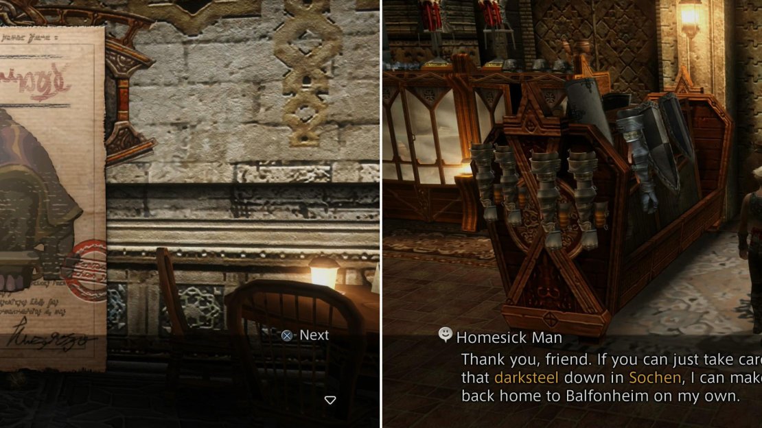 Pick up hte Darksteel hunt (left), then talk to the Homesick Man to learn the details (right).