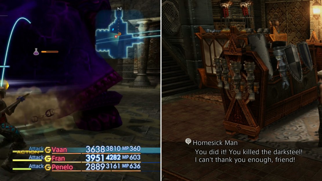 An Uhlan equipped with a Holy Lance can deal massive damage to Darksteel (left). Return to the petitioner after defeating the mark to recieve your reward (right).