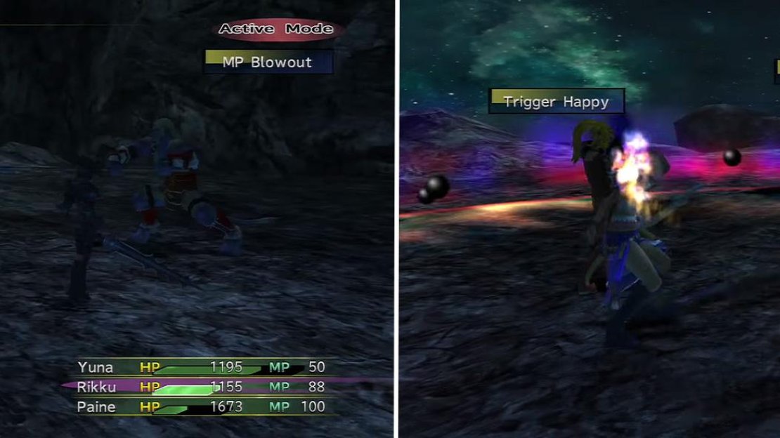 The Ronso Youth can sap your MP (left) but the Darkness skill from the Dark Knight (right) is an effective counter to all three enemies.